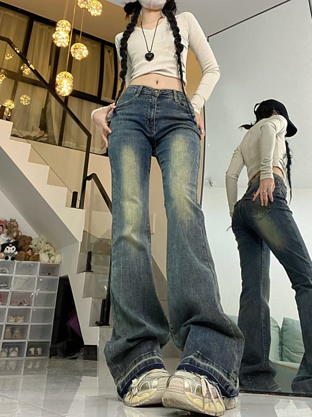 大碼女裝高級感氣質百搭喇叭牛仔褲女設計感小眾闊腿復古馬蹄褲子