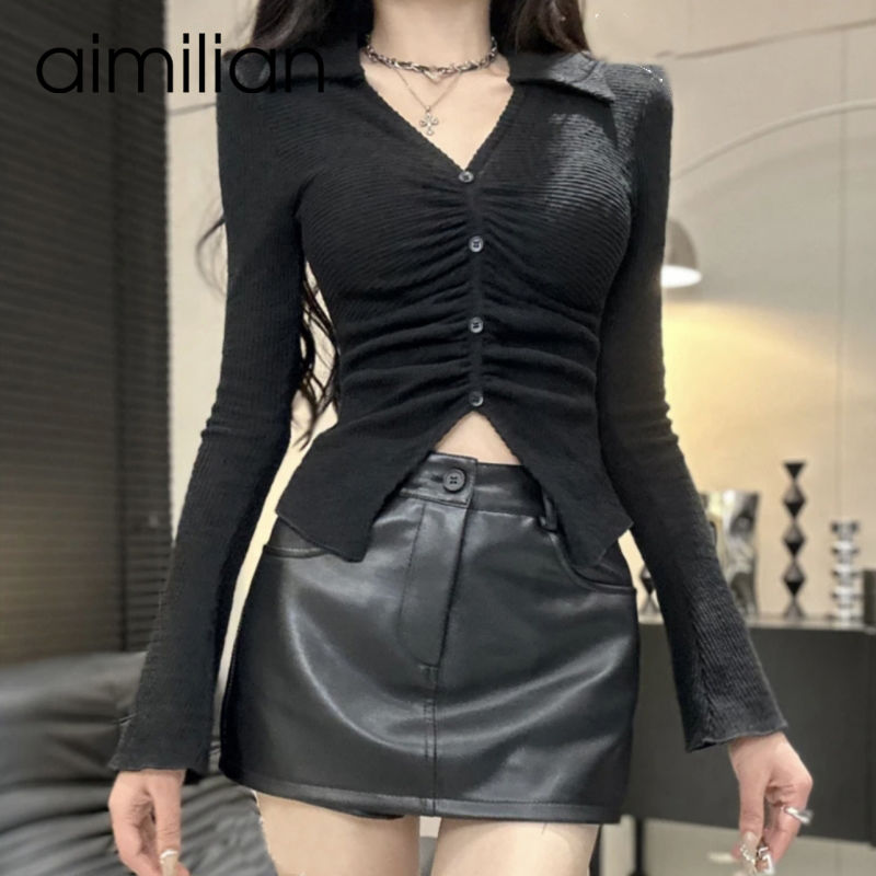 aimilian純欲風辣妹Polo領長袖t恤女春秋設計感小眾修身短款上衣