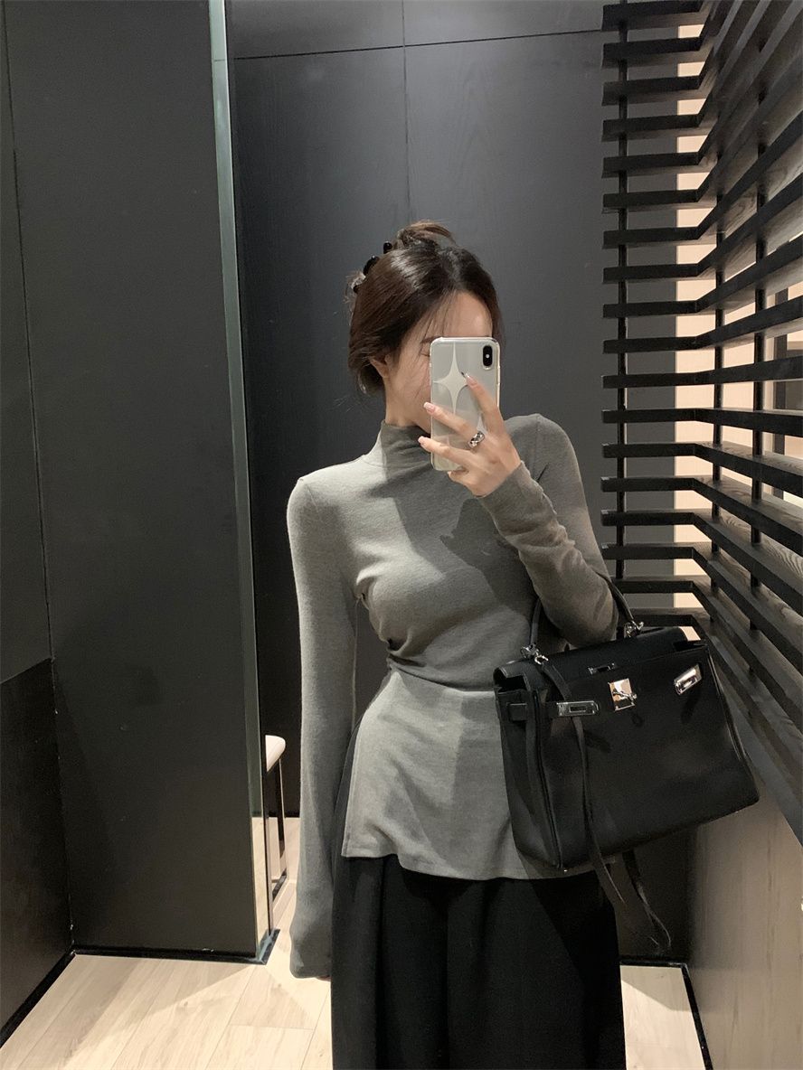 美拉德半高領長袖打底衫女秋冬季內搭修身開叉別致收腰長款上衣
