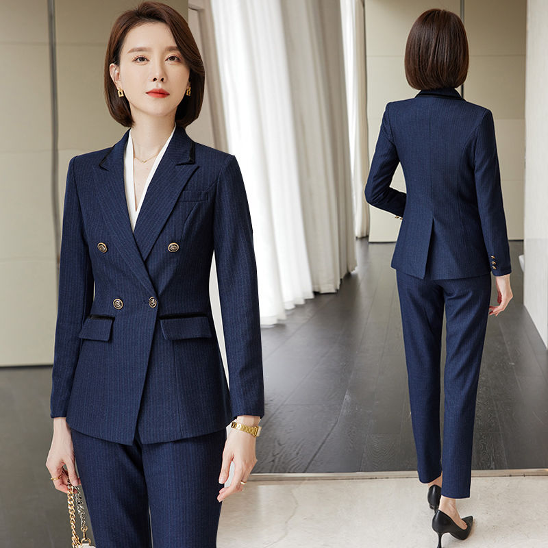 Navy blue suit women's autumn and winter 2023 new striped formal top temperament professional suit jacket