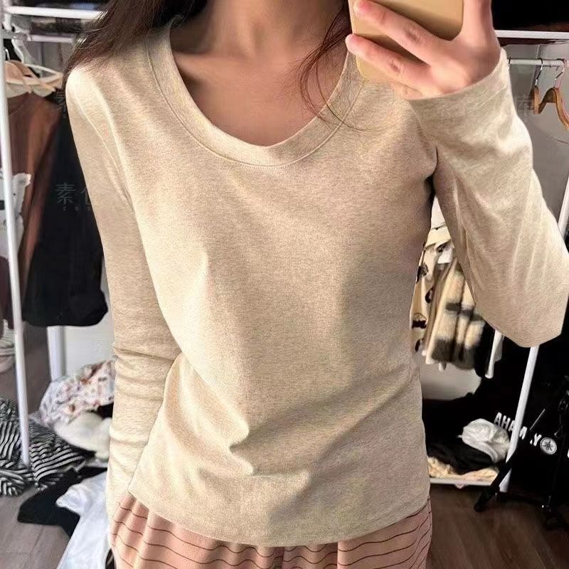 圓領小眾長袖打底衫T恤女秋季新款修身顯瘦設計感低領內搭上衣ins