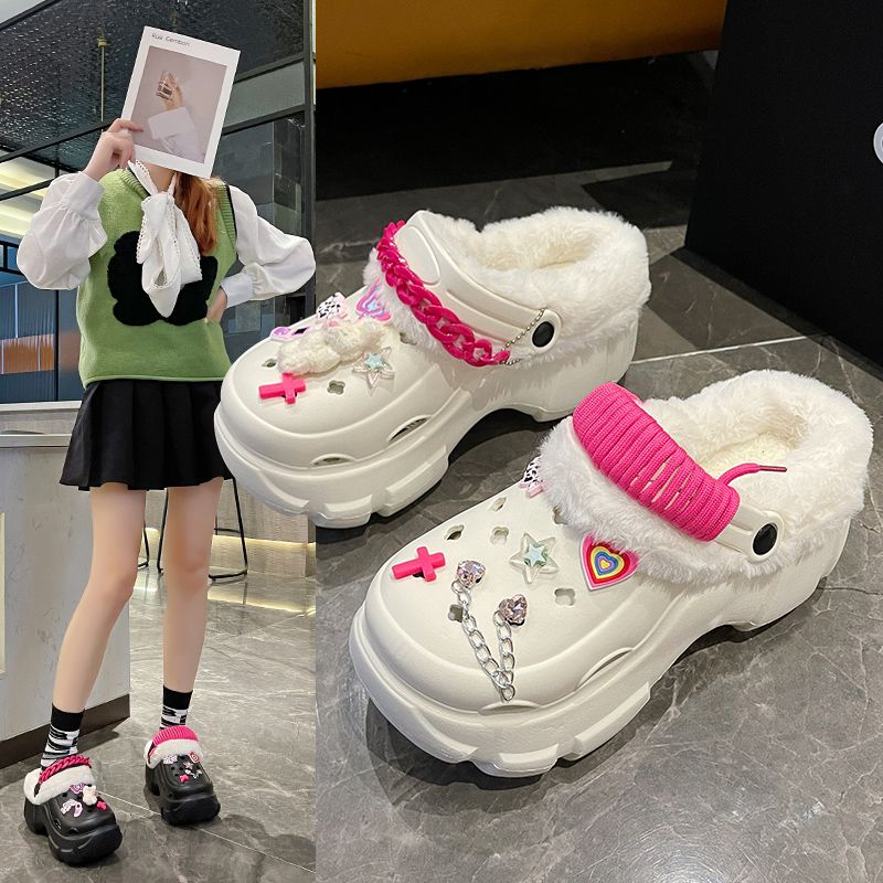 Yuanqi sweet cool style diy dopamine clogs women's thick-soled non-slip outer wear plus velvet thickened girly style cotton slippers for winter