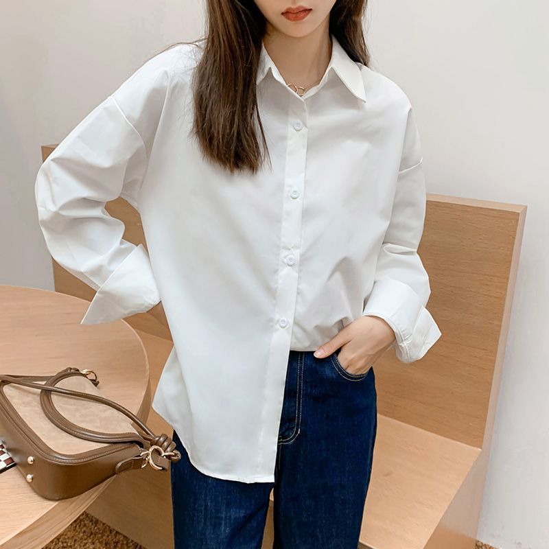 長袖襯衫女韓系寬鬆翻領白襯衫春秋季慵懶風簡約休閒外穿內搭上衣