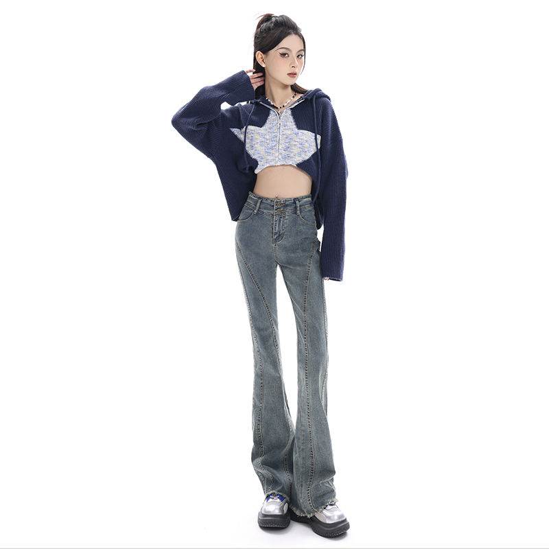 春秋新款高腰顯瘦顯高毛邊拖地褲女復古垂感微喇叭牛仔褲女2023年