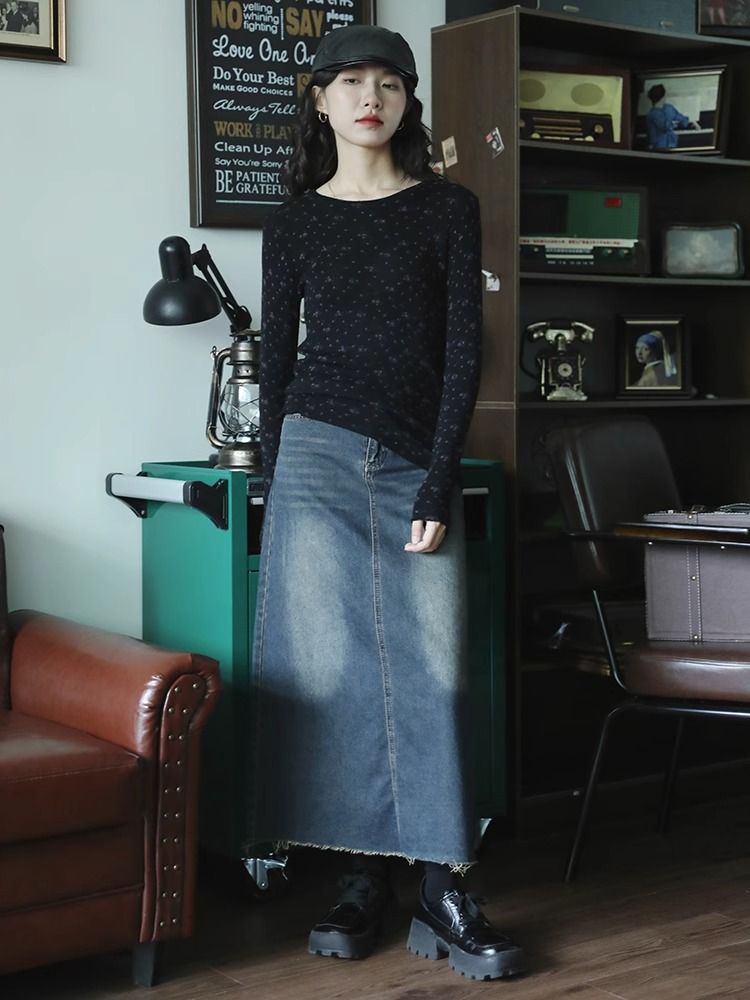 美式復古圓領港風長袖印花螺紋T恤女內搭修身顯瘦小眾百搭上衣ins