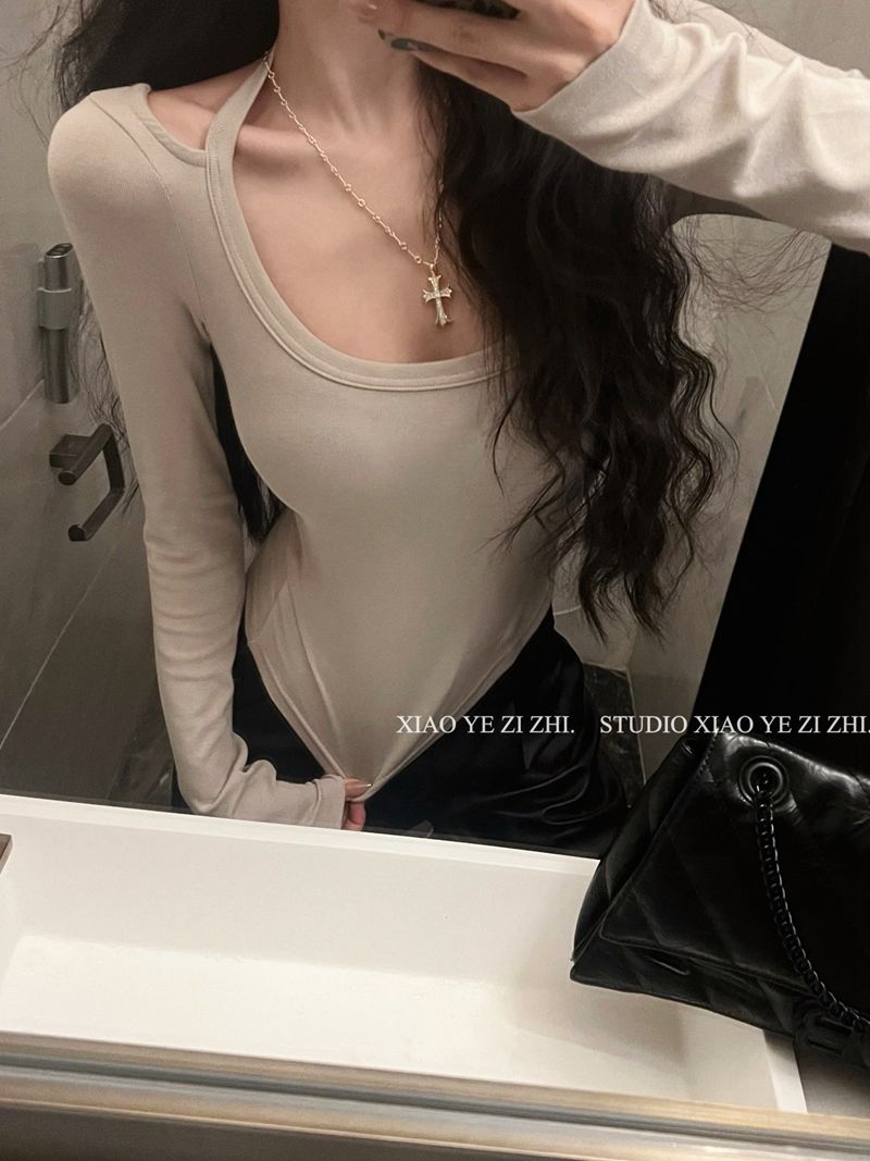 辣妹長袖掛脖T恤女秋季法式修身方領內搭打底衫純欲緊身短款上衣