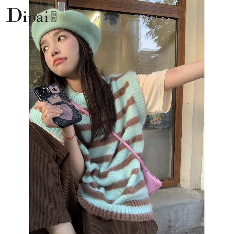 Dipai 彩色條紋針織馬甲外套女設計感小眾寬鬆圓領無袖毛衣背心潮