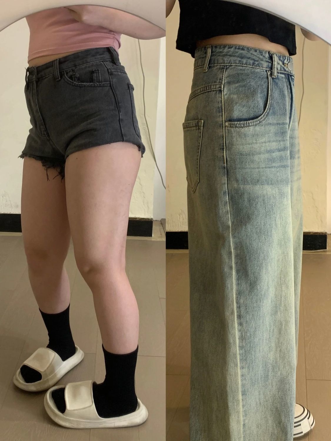 美式復古做舊毛邊闊腿牛仔褲女春秋季高腰顯瘦寬鬆遮肉直筒褲長褲