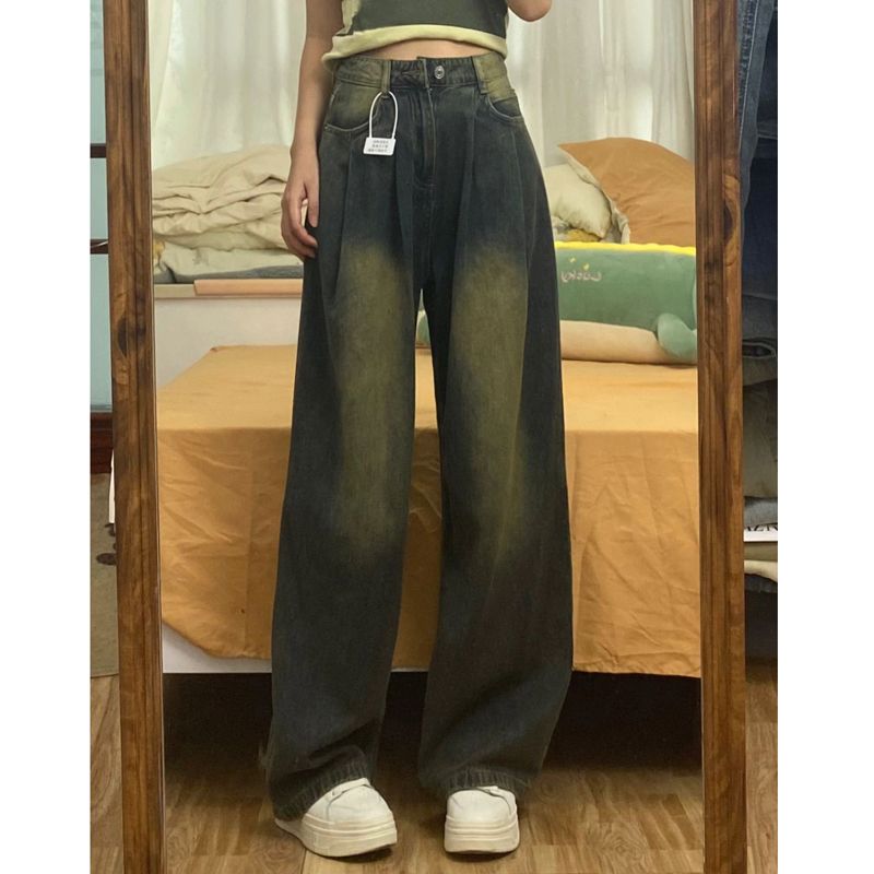 復古做舊褶皺闊腿牛仔褲女秋季小個子高腰寬鬆垂感直筒拖地長褲潮