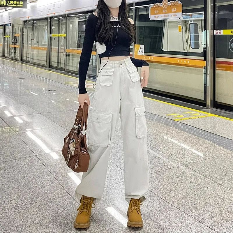 沙色工裝褲闊腿牛仔褲2023年新款女秋款闊腿褲高腰顯瘦直筒長褲子