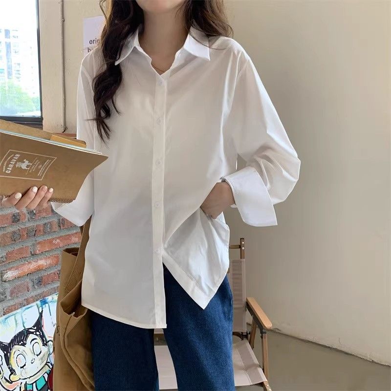 白色襯衫女寬鬆休閒百搭春秋長袖襯衫設計感韓版慵懶內搭外穿上衣