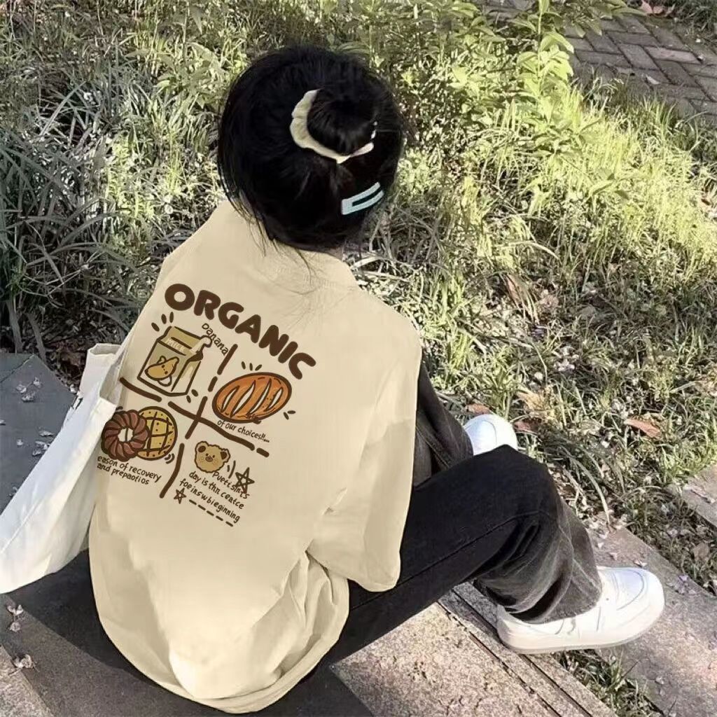 100%純棉字母卡通印花短袖t恤女夏季新款學生寬鬆百搭半袖上衣服
