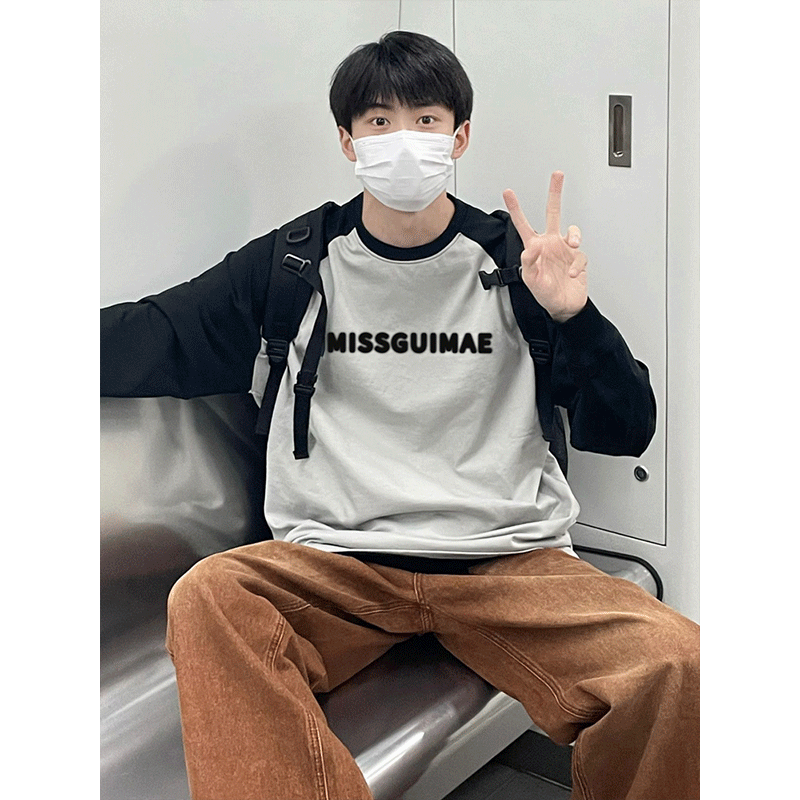 小眾設計感撞色插肩純棉長袖T恤男款秋冬季ins美式復古內搭上衣潮