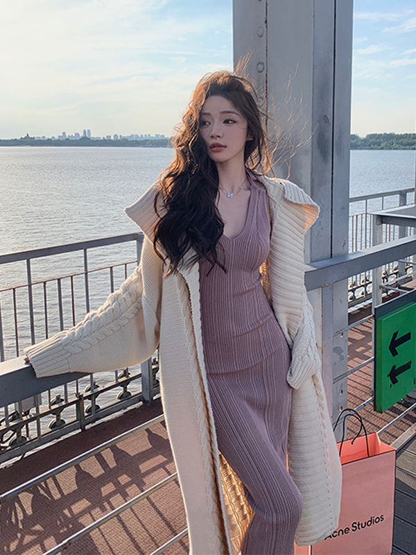 套裝女2023秋季新款慵懶風氣質針織外套收腰包臀背帶連衣裙兩件套
