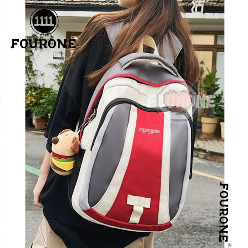 美式复古拼色设计大学生书包大容量双肩包旅行运动背包