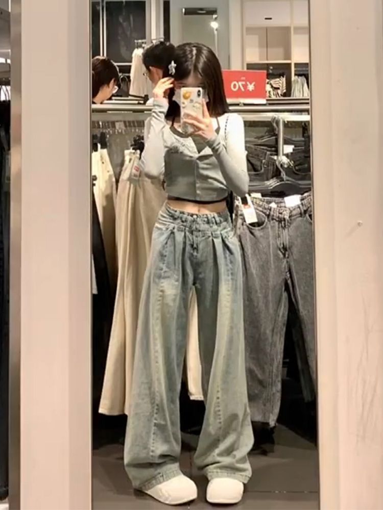 美式復古闊腿牛仔褲女新款高腰遮肉顯瘦四季寬鬆垂墜感高街直筒褲