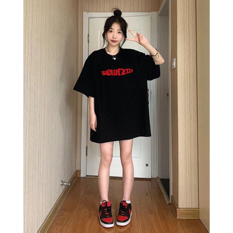 100%純棉美式黑色短袖t恤女學生新款夏季設計感小眾寬鬆上衣服潮
