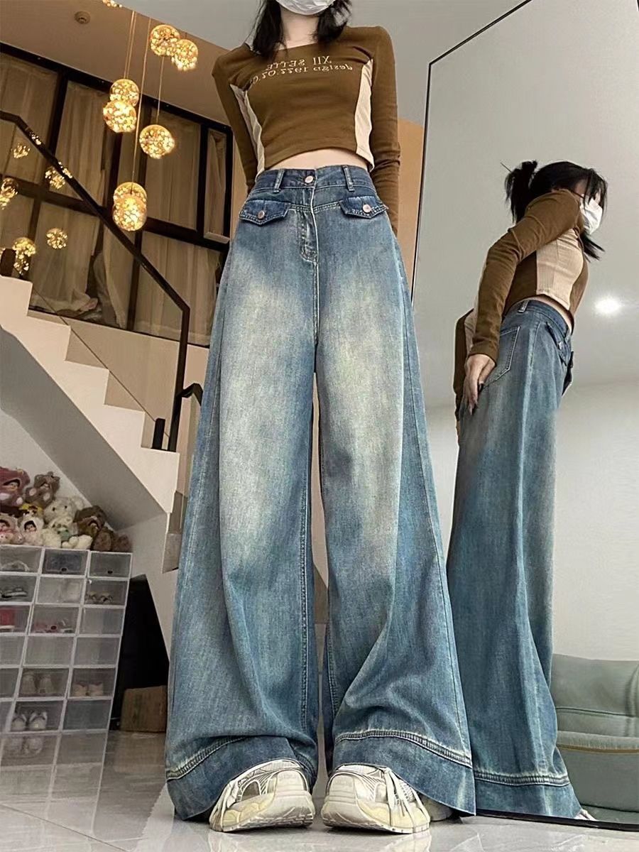 美式復古直筒牛仔褲女秋季新款高街設計感寬鬆顯瘦高腰闊腿拖地褲