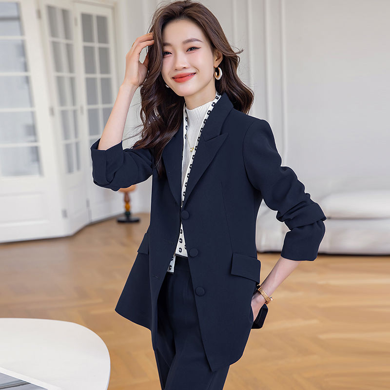 深藍色三扣西裝套裝女高端氣質女神范物業接待工作服職業西裝外套