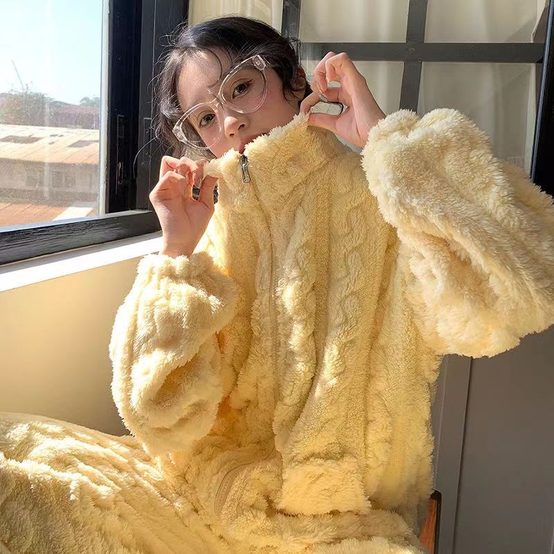 奶油杏睡衣女加絨加厚珊瑚絨秋冬季甜美保暖家居服可外穿套裝冬天