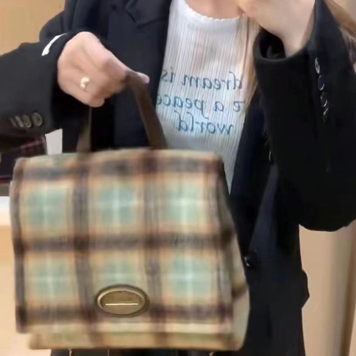 小眾原創設計秋冬獨特復古松綠格雙肩包高級質感手提背包