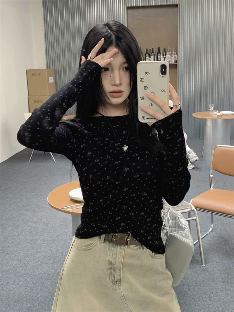 純欲甜美風長袖碎花T恤女裝秋季復古修身顯瘦打底衫百搭上衣ins潮