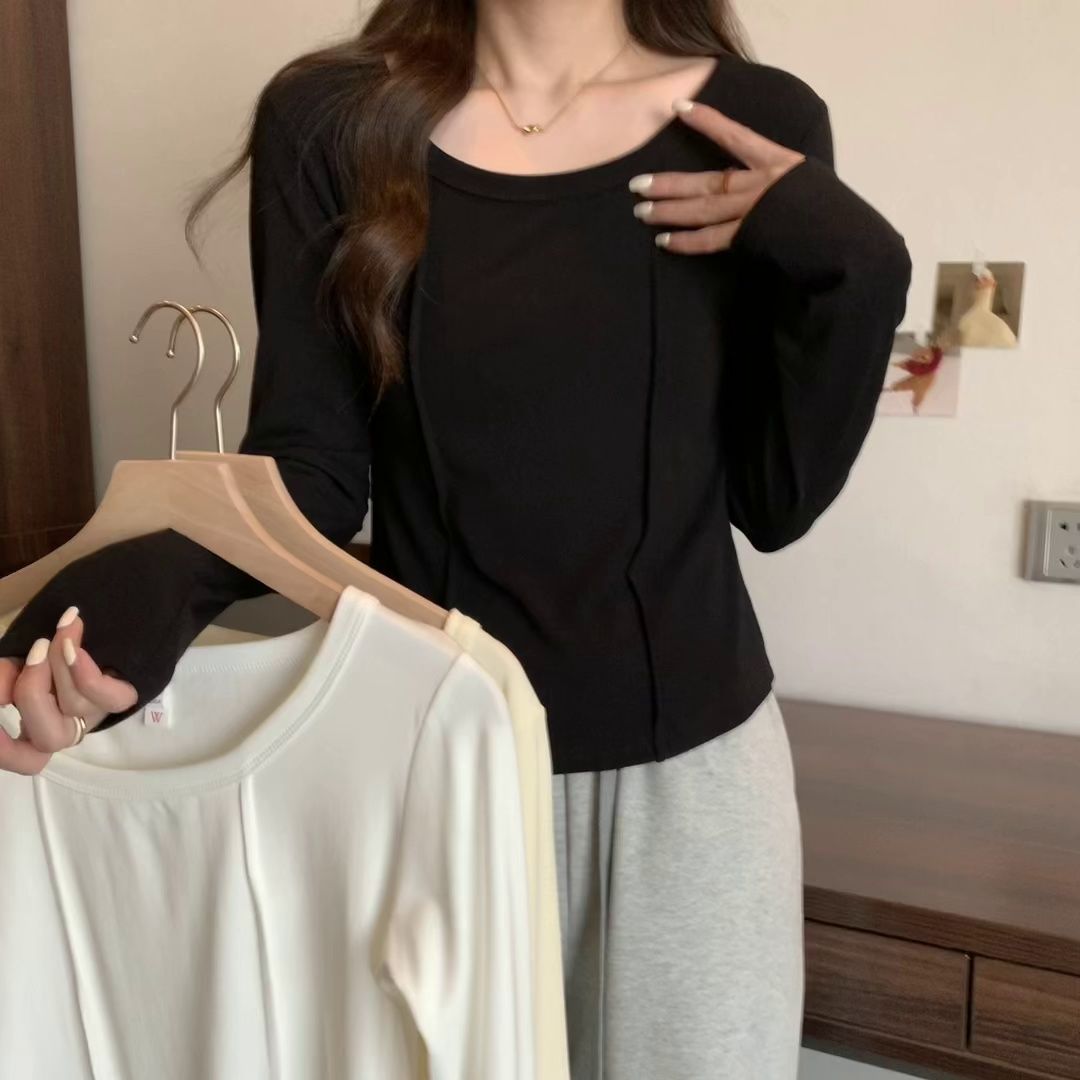 純色鎖骨內搭打底衫女大碼胖mm小眾修身顯瘦長袖t恤魚骨上衣ins秋