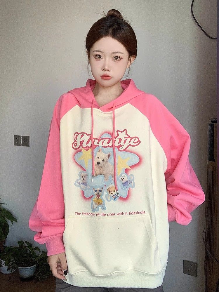 National trend American dopamine sweet cool puppy print raglan sleeves hooded contrasting color sweatshirt sweatshirt for women autumn and winter new trend