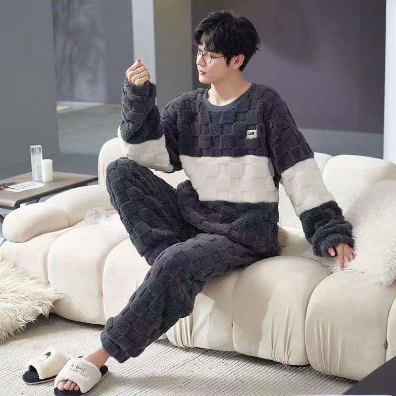 睡衣男秋冬季加絨加厚珊瑚絨中青年家居服保暖加肥大碼法蘭絨套裝