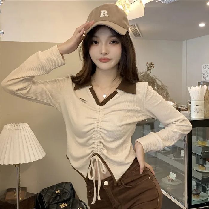 辣妹Polo領不規則抽繩長袖T恤女秋季設計感內搭修身打底短款上衣