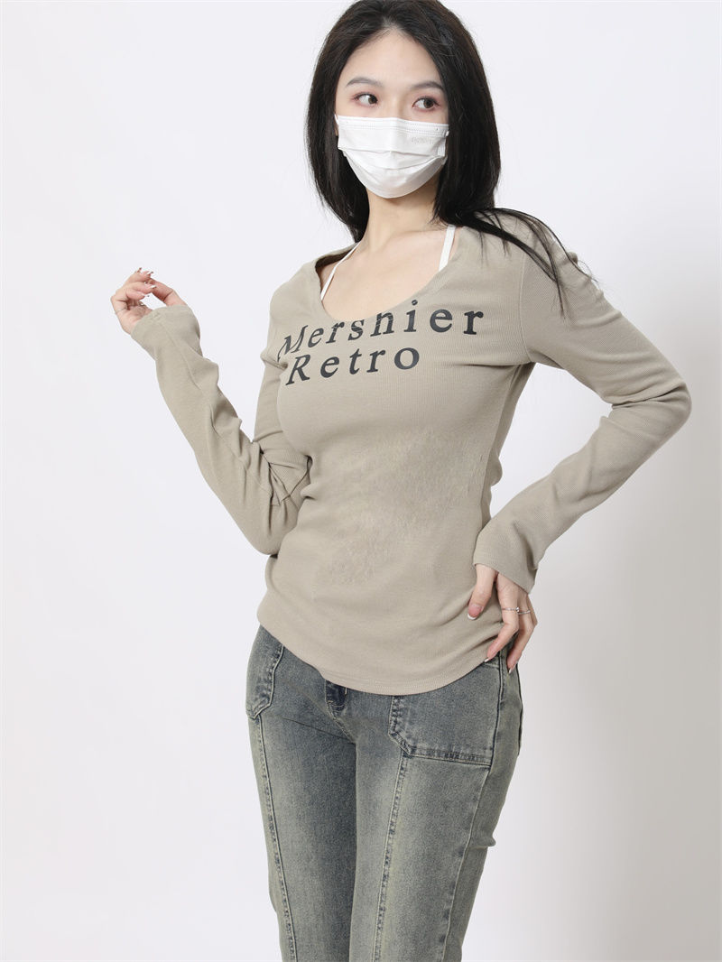 美式辣妹美拉德U領修身簡約T恤女2023新款秋季長袖打底上衣外穿潮