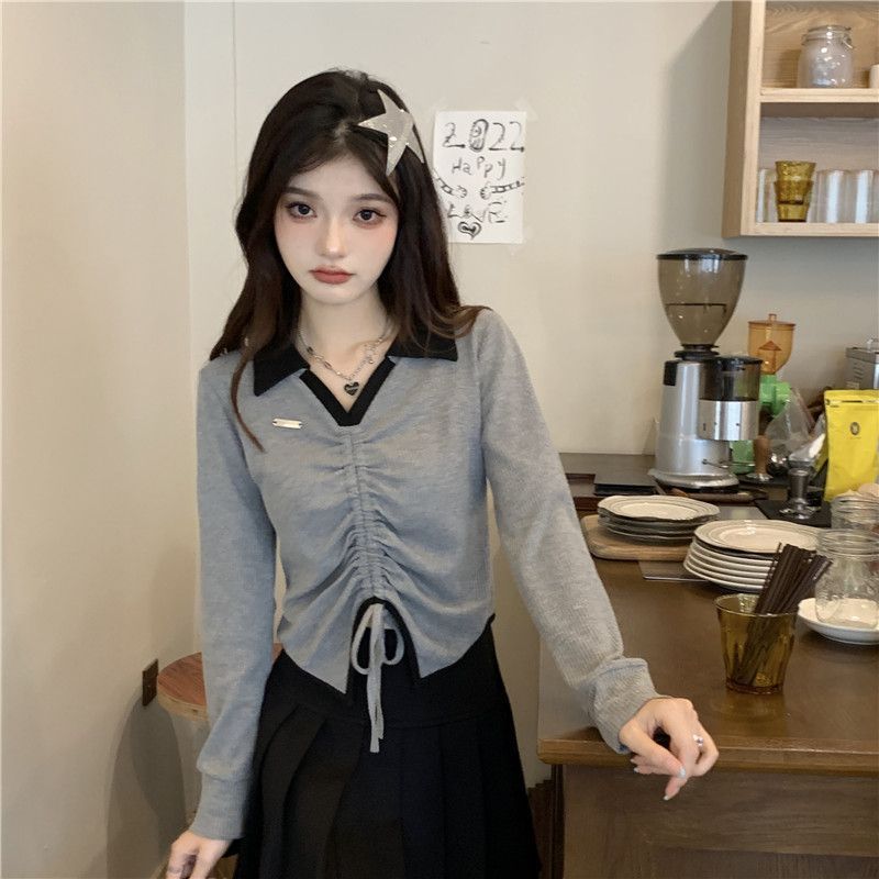 辣妹不規則Polo領抽繩長袖T恤女撞色設計感正肩修身顯瘦短款上衣
