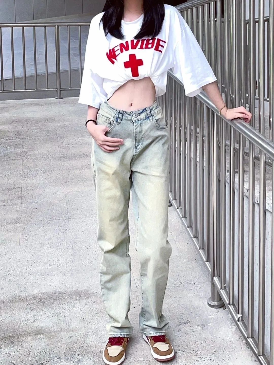 美式復古水洗黃泥染牛仔褲女款秋季直筒拖地褲子高街ins潮休閒褲