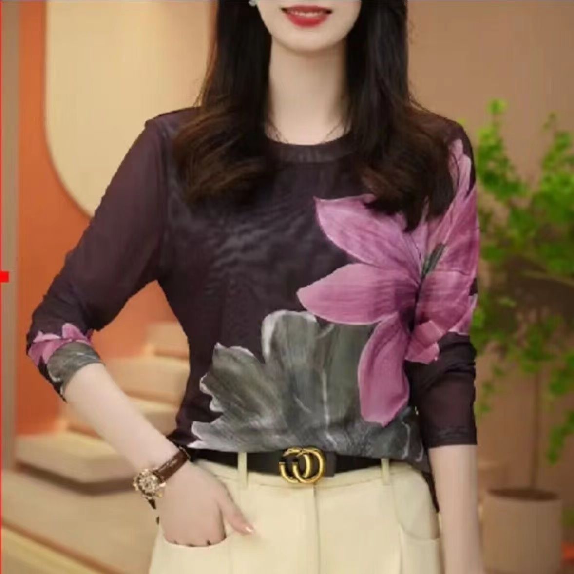 2023肌膚網紗打底衫女新款時尚高級感扎染印花雙層遮肉小衫上衣