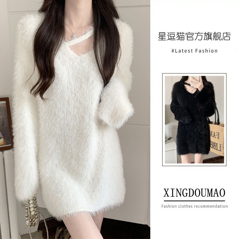 Sweater Women's 2023 Autumn and Winter New Korean Style Loose Imitation Mink Fur Soft and Waxy Mid-Length White Furry Sweater