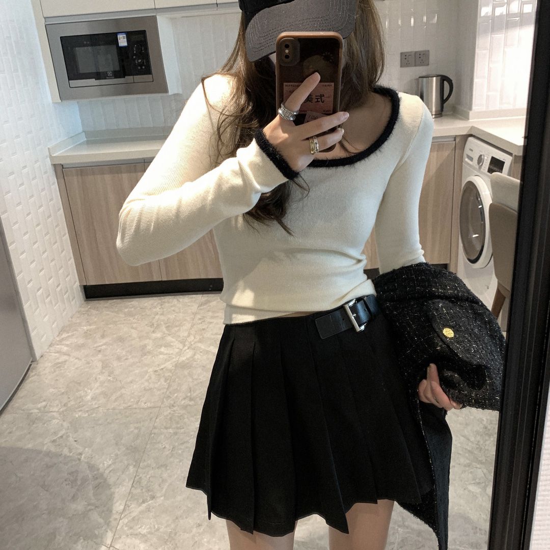 美拉德黑色拼接針織衫女長袖內搭修身顯瘦毛衣打底上衣ins韓版