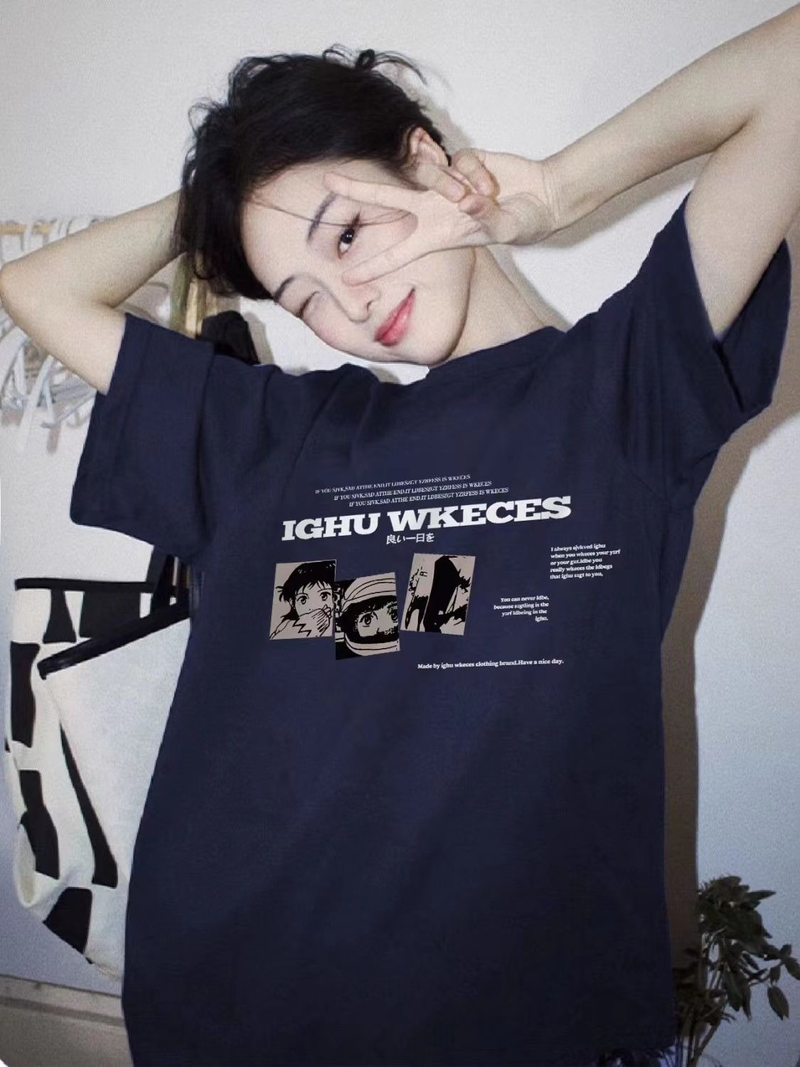 100%純棉chic復古港風藏青色短袖t恤女學生夏季寬鬆小眾半袖上衣
