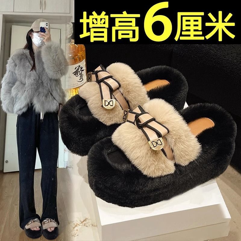 網紅爆款毛毛拖鞋女外穿2023年秋冬新款時尚厚底高跟蝴蝶結高級感
