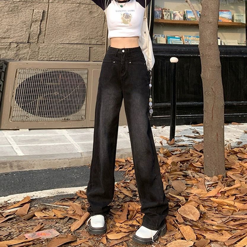 黑灰色闊腿牛仔褲女2023年秋季新款寬鬆直筒高街辣妹顯瘦百搭長褲