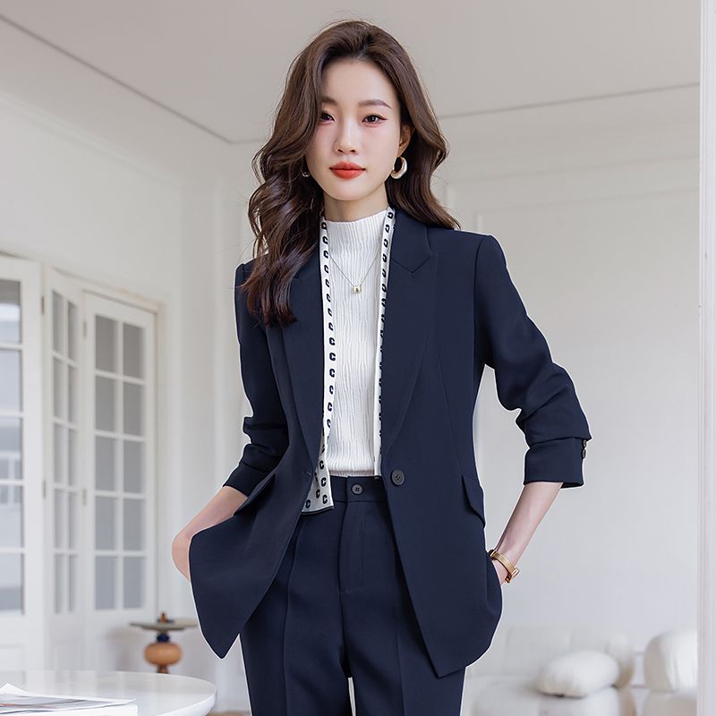 深藍色職業西裝套裝女秋冬高端氣質女神范西服外套工作服職場正裝