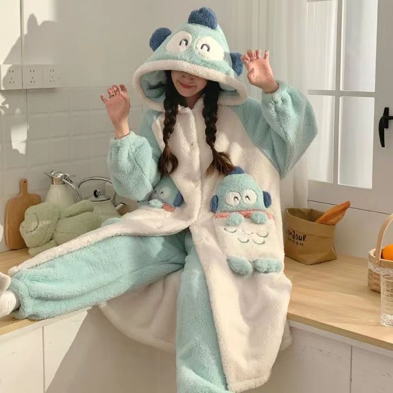 睡袍珊瑚絨睡秋冬季睡衣女加絨加厚可愛甜美法蘭絨保暖家居服套裝
