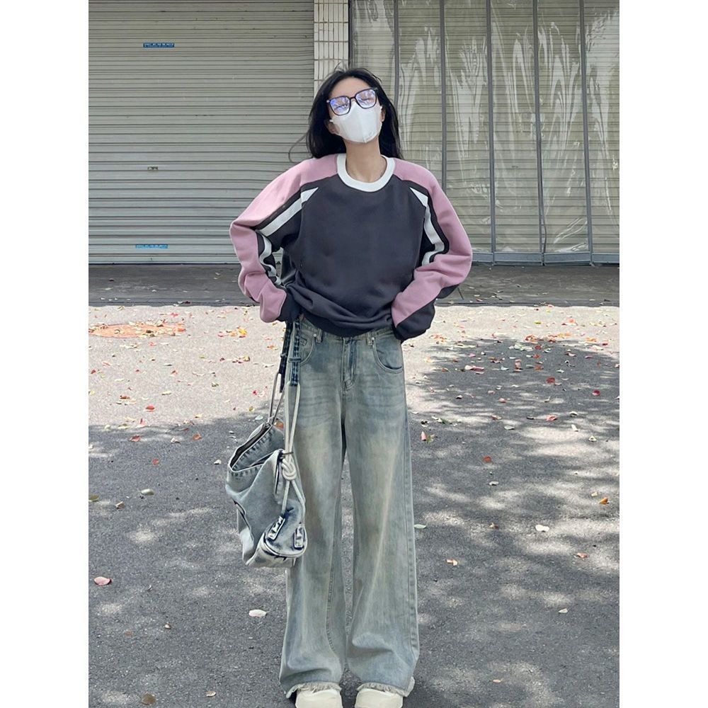 寬鬆顯瘦闊腿拖地褲女秋冬季新款復古慵懶風做舊高腰直筒牛仔褲子