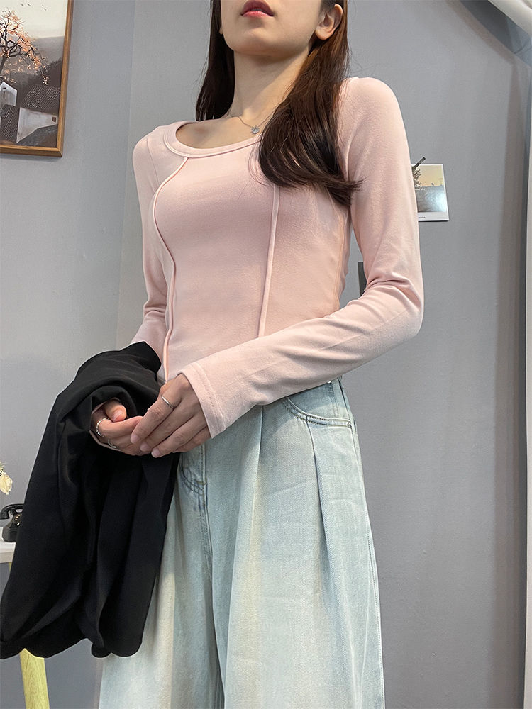 甜辣妹長袖t恤打底衫女早秋季2023年新款修身收腰設計感小眾上衣