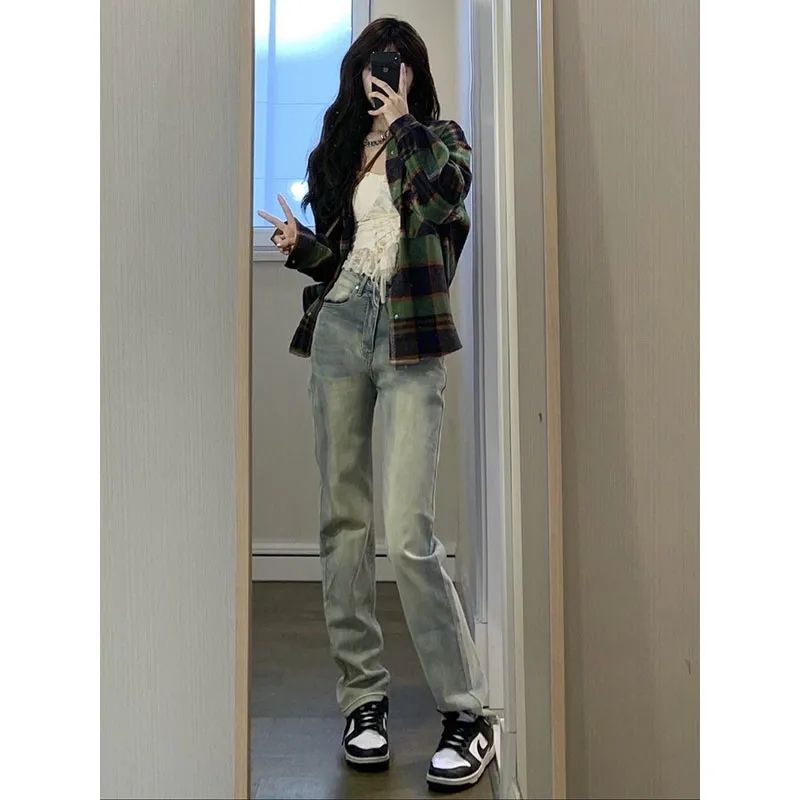 美式復古牛仔褲女辣妹新款秋冬季高腰直筒寬鬆窄版闊腿拖地褲百搭