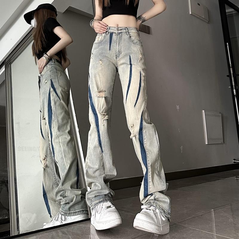 破洞牛仔褲男女美式復古vibe風高街褲子男水洗做舊直筒微喇工裝褲