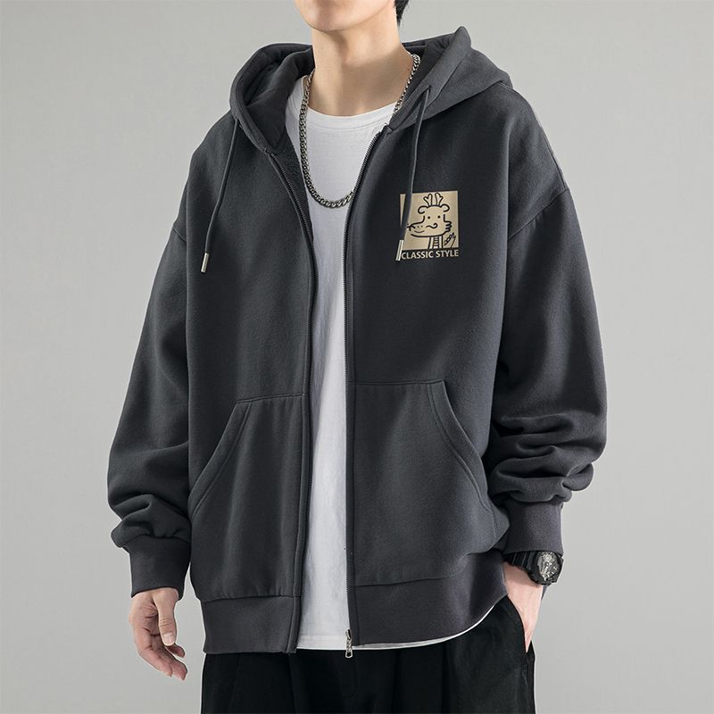 480g重磅加絨加厚衛衣男士春秋季新款連帽秋裝上衣服帥氣開衫外套