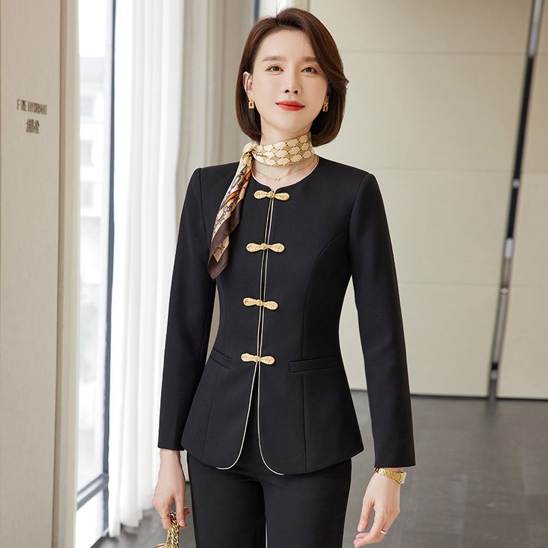 High-end professional suit suit for women with Chinese style buckle and temperament jewelry store hotel front desk reception beauty salon work clothes