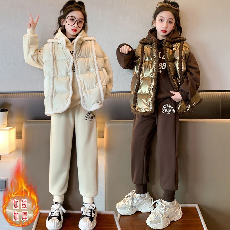 女童秋冬裝兒童加絨加厚套裝2023新款加絨衛衣大童冬款加厚三件套