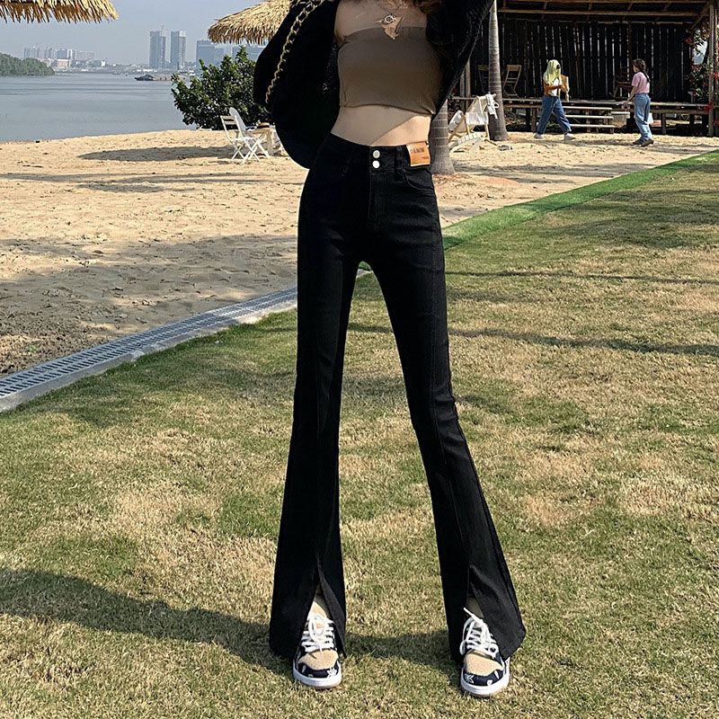 黑色開叉微喇牛仔褲女2023新款高腰顯瘦設計感雙排扣顯高喇叭褲子