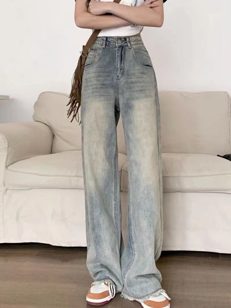 Washed retro raw edge jeans for women in autumn new design American high street ins high waist slim long pants